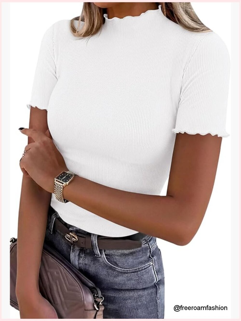 Ribbed Mock Neck Ruffle T-Shirt with Lettuce Trim
